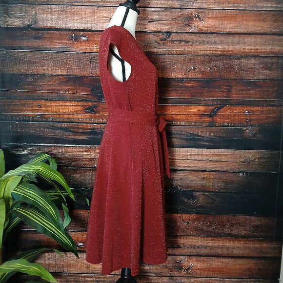 NWT Ivnis Knit Dress XL Wine Glitter Sparkle Belted Zip Back Cap Sleeve Retro - Picture 4 of 13